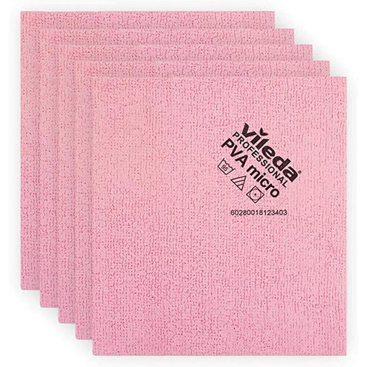 Pack de 5 bayetas Vileda PVA micro en color rosa con microfibras que limpian y secan sin dejar rastro, utilizando solo agua.