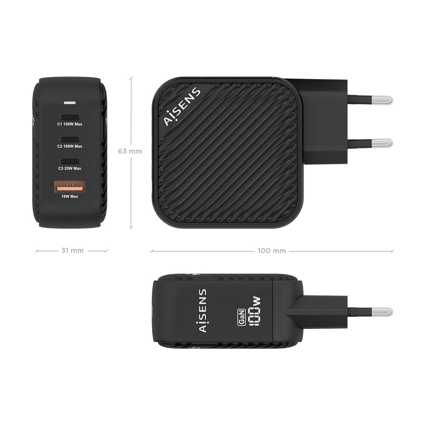 AISENS - Cargador GaN 100W  3xUSB-C PD3.0 QC4.0  1xUSB-A QC3.0  Negro