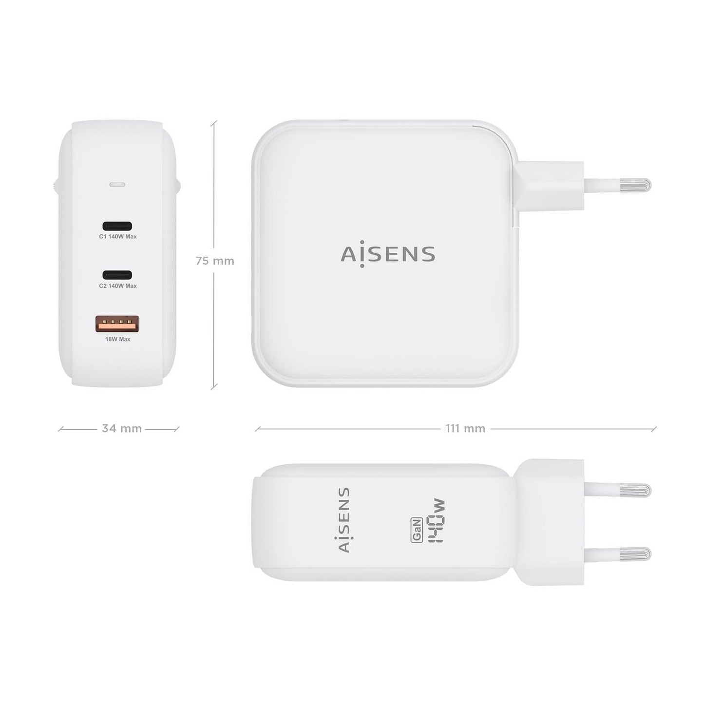 AISENS - Cargador GaN 140W  2xUSB-C PD3.1 QC4.0  1xUSB-A QC3.0  Blanco