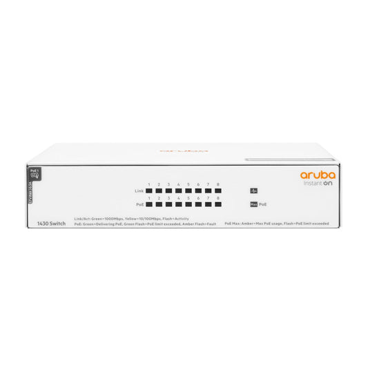 HPE - Aruba Networking Aruba Instant On 1430 8G Class4 PoE 64W No administrado L2 Gigabit Ethernet (10/100/1000) Energía sobre Ethernet (PoE) Blanco