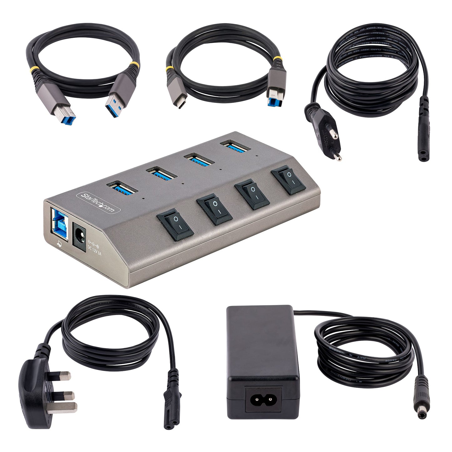 StarTech.com - Hub USB-C Autoalimentado de 4 puertos con Interruptores Individuales - Concentrador USB 3.0 a 5 Gbps con Fuente de Alimentación - Ladrón USB Tipo C a USB-A - BC 1.2