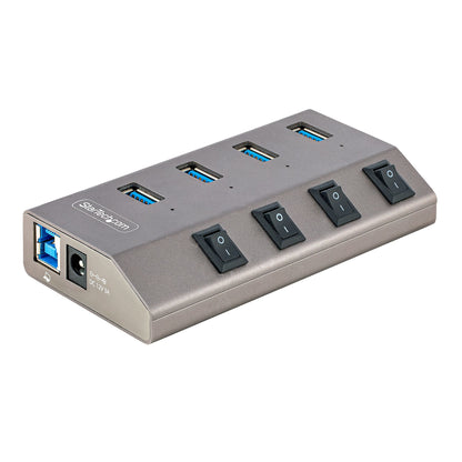 StarTech.com - Hub USB-C Autoalimentado de 4 puertos con Interruptores Individuales - Concentrador USB 3.0 a 5 Gbps con Fuente de Alimentación - Ladrón USB Tipo C a USB-A - BC 1.2