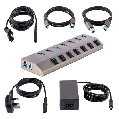 StarTech.com - Hub USB-C Autoalimentado de 7 puertos con Interruptores Individuales - Concentrador USB 3.0 a 5 Gbps con Fuente de Alimentación - Ladrón USB Tipo C a USB-A - BC 1.2