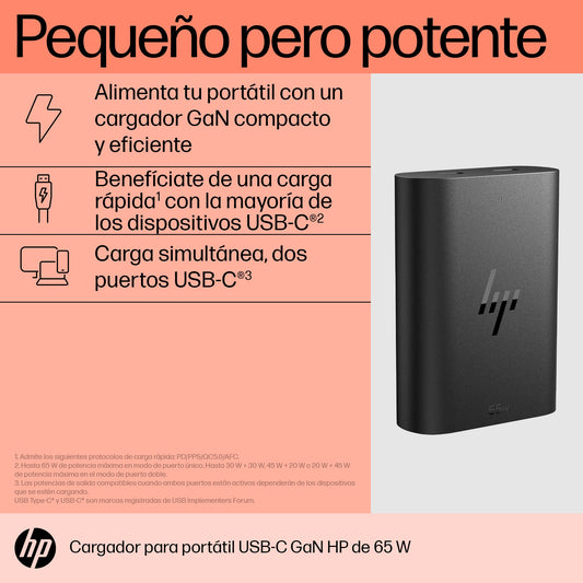 HP - Cargador para portátil de con USB-C GaN de 65 W