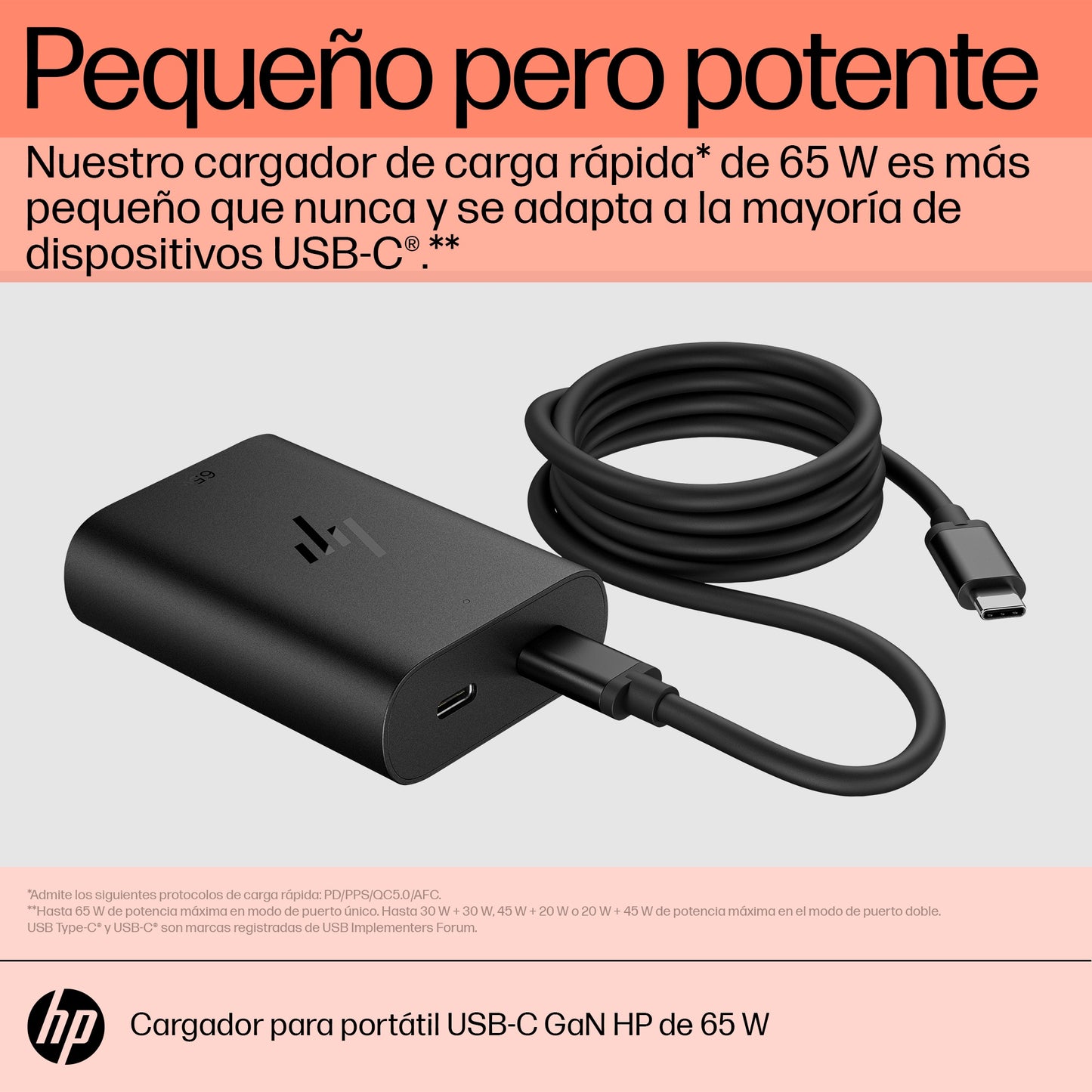 HP - Cargador para portátil de con USB-C GaN de 65 W