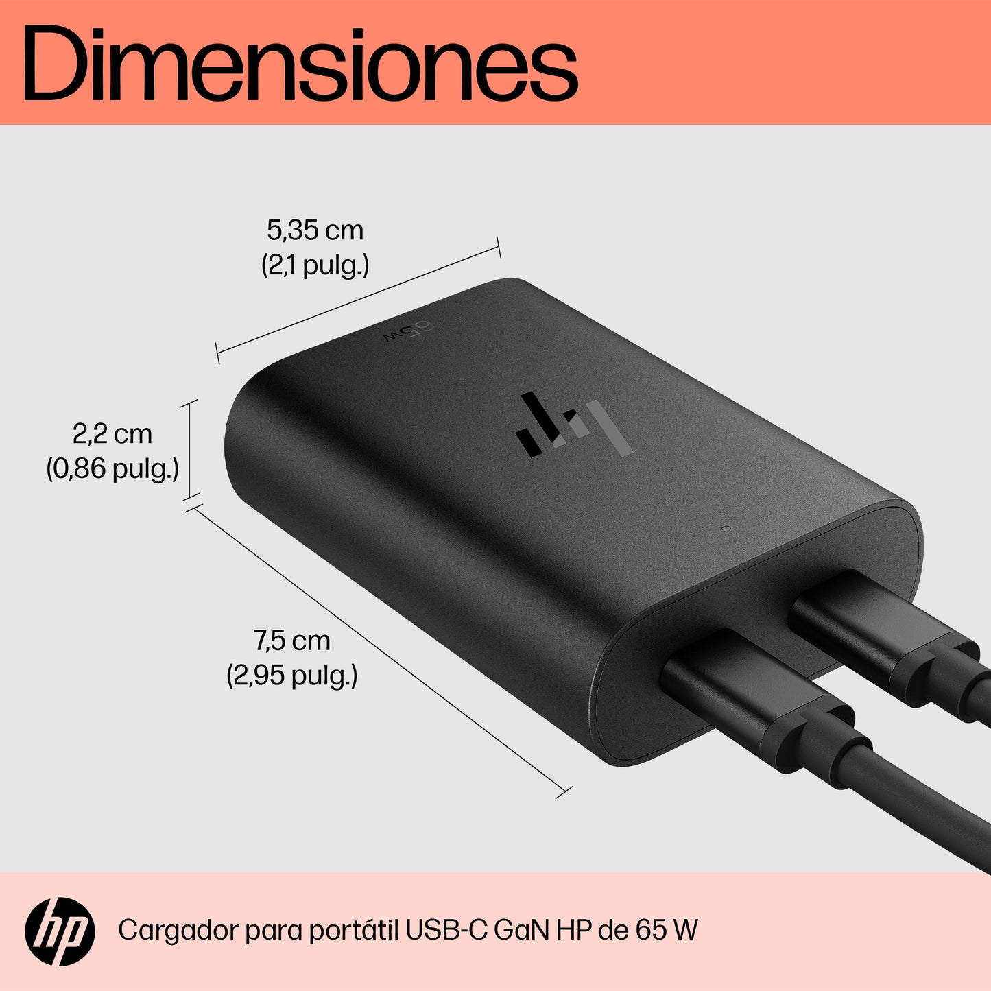 HP - Cargador para portátil de con USB-C GaN de 65 W