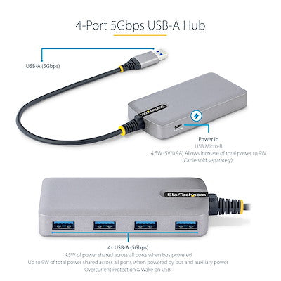 StarTech.com - Hub USB de 4 Puertos - USB 3.0 de 5Gbps - Alimentado por el Bus - Concentrador de 4 Puertos USB-A con Alimentación Opcional - Ladrón USB Portátil - Cable 30cm