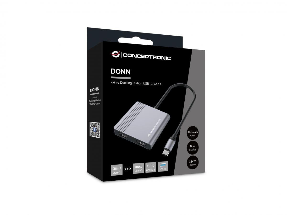 Conceptronic - DONN13G base para portátil y replicador de puertos Alámbrico USB 3.2 Gen 1 (3.1 Gen 1) Type-C Gris