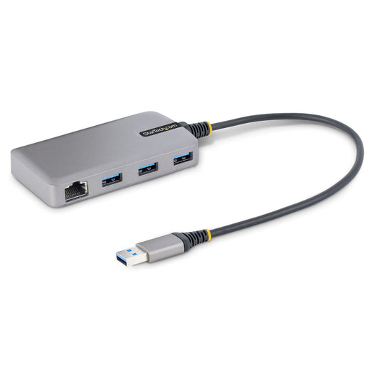 StarTech.com - Hub USB de 3 Puertos USBA - USB 3.0 de 5Gbps - Alimentado por el Bus - Concentrador USB de 3 Puertos USB-A - Ladrón USB Portátil - Cable 30cm - Red Ethernet RJ45 1Gb