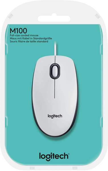 Logitech M100 Raton USB 1000dpi - 3 Botones - Uso Ambidiestro - Cable de 1.80m - Color Blanco 1 pieza(s)