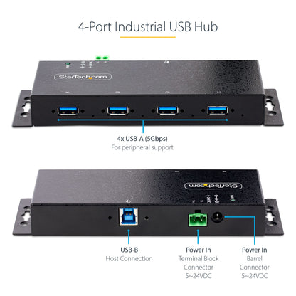 StarTech.com - Hub Industrial USB 3.0 de 5Gbps de 4 Puertos - Concentrador USB con Protección de Picos y Descargas ESD - Ladrón USB-A de Montaje en Pared/Escritorio/DIN