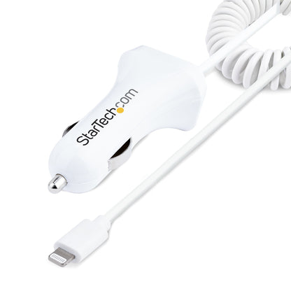 StarTech.com - Cargador de Coche con Cable Rizado Lightning  Cable de 1m Rizado Lightning 12W Blanco  Cable Adaptador Cargador de Coche de 2 Puertos para iPhone y Tablet  Cargador 2x USB