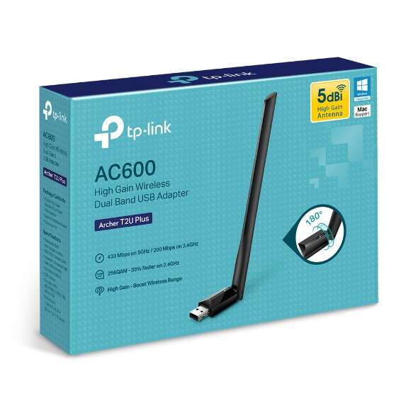 TP-LINK Archer T2U Plus AC600 Adaptador USB Inalambrico de Alta Ganancia Doble Banda - Wi-Fi Alta velocidad - Doble Banda Inalambrica - Antena Alta Ganancia Gira 180º - Soporta los Ultimos Sistemas 1 pieza(s)