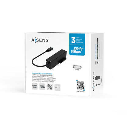 AISENS - Adaptador ASE-35C02B SATA a USB-C USB 3.0/USB3.1 GEN1 para Discos Duros 2.5" y 3.5" con Alimentador  Negro