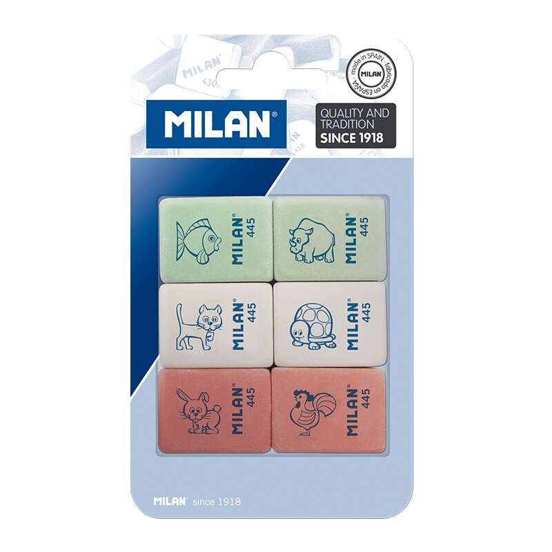 Milan 445 Pack de 6 Gomas de Borrar Rectangulares - Miga de Pan - Suave Caucho Sintetico - Dibujos Infantiles - Colores Surtidos 1 pieza(s)