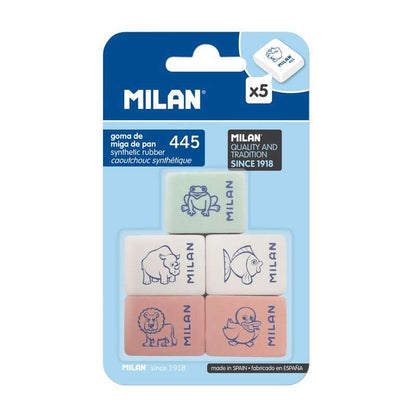 Milan 445 Pack de 5 Gomas de Borrar Rectangulares - Miga de Pan - Suave Caucho Sintetico - Dibujos Infantiles - Colores Surtidos 1 pieza(s)