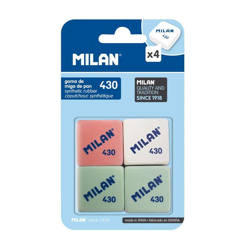 Milan 430 Pack de 4 Gomas de Borrar Cuadradas - Miga de Pan - Suave Caucho Sintetico - Colores Surtidos 1 pieza(s)