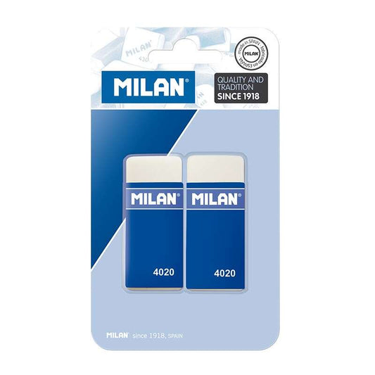 Milan 4020 Pack de 2 Gomas de Borrar Rectangulares - Miga de Pan - Suave Caucho Sintetico - Faja de Carton Azul - Color Blanco 1 pieza(s)