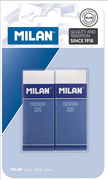 Milan Nata 320 Pack de 2 Gomas de Borrar Rectangulares - Plastico - Faja de Carton Azul - Todo tipo de Superficies - Color Blanco 1 pieza(s)