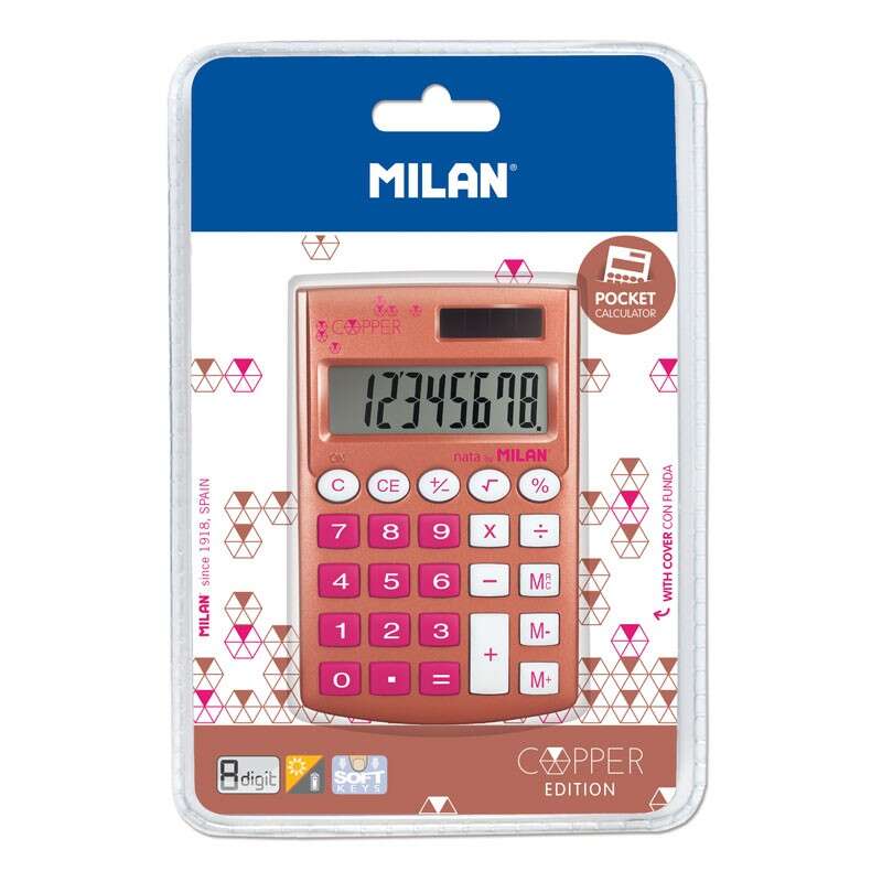 Milan Pocket Copper Calculadora 8 Digitos - Calculadora de Bolsillo - Tacto Suave - 3 Teclas de Memoria y Raiz Cuadrada - Color Rosa 1 pieza(s)