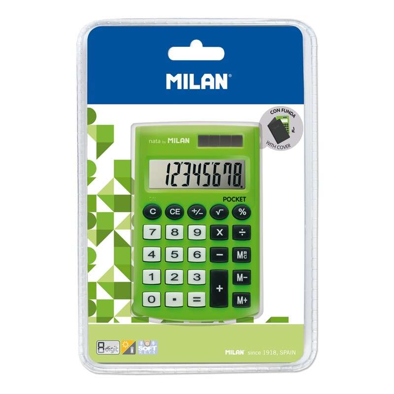 Milan Pocket Digitos Calculadora 8 - Calculadora de Bolsillo - Tacto Suave - 3 Teclas de Memoria y Raiz Cuadrada - Color Verde 1 pieza(s)