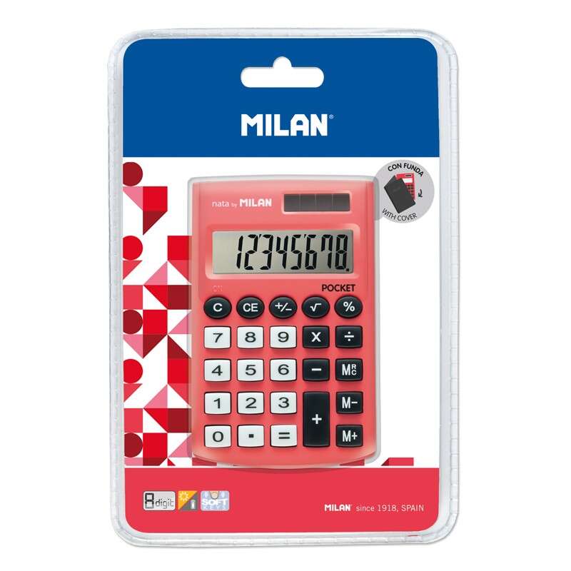 Milan Pocket Calculadora 8 Digitos - Calculadora de Bolsillo - Tacto Suave - 3 Teclas de Memoria y Raiz Cuadrada - Color Rojo 1 pieza(s)