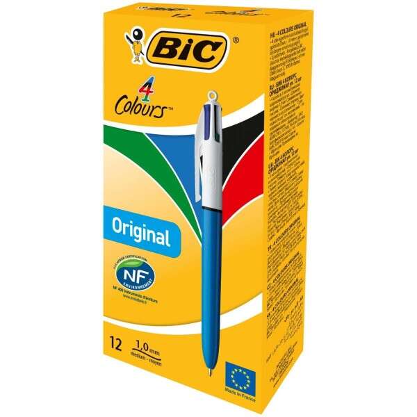 Bic 4 Colours Original Boligrafo de Bola Retractil - Punta Media de 1.0 mm - Tinta con Base de Aceite - Cuerpo Azul/Blanco - 4 Colores 12 pieza(s)