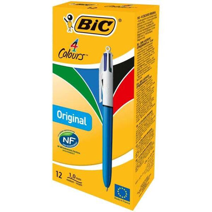 Bic 4 Colours Original Boligrafo de Bola Retractil - Punta Media de 1.0 mm - Tinta con Base de Aceite - Cuerpo Azul/Blanco - 4 Colores 12 pieza(s)