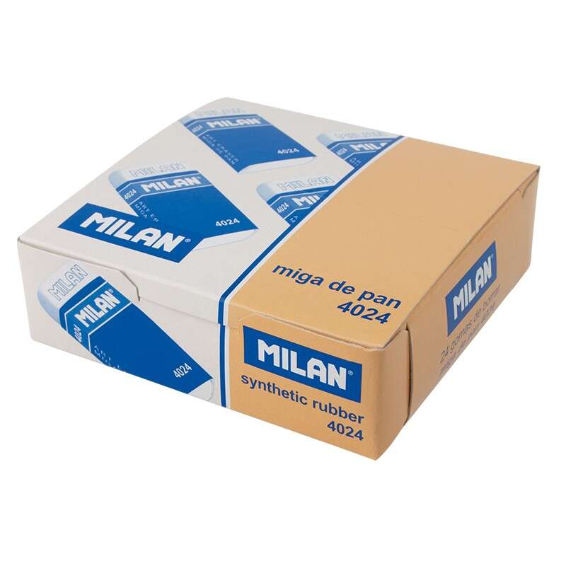 Milan 4024 Goma de Borrar Rectangular - Miga de Pan Flexible - Caucho Sintetico - Faja de Carton Azul - Envuelta Individualmente - Color Blanco 24 pieza(s)