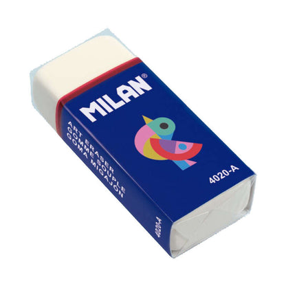 Milan 4020A Goma de Borrar Rectangular - Miga de Pan - Suave - Caucho Sintetico - Faja de Carton Azul - Dibujos Surtidos - Color Blanco 20 pieza(s)