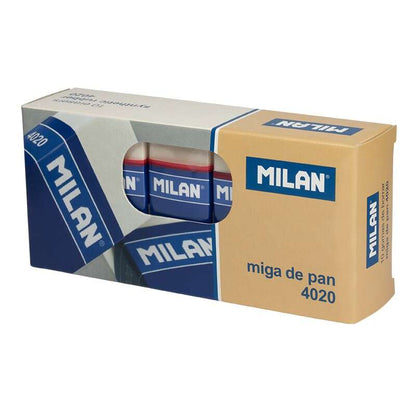 Milan 4020 Goma de Borrar Rectangular - Miga de Pan - Suave Caucho Sintetico - Faja de Carton Azul - Envuelta Individualmente - Color Blanco 10 pieza(s)