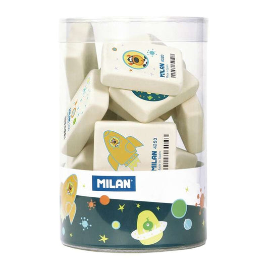 Milan 4520 Goma de Borrar Rectangular - Miga de Pan - Caucho Sintetico - Color Blanco - Envueltas Individualmente - Dibujos Infantiles Surtidos 20 pieza(s)