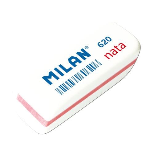 Milan Nata 620 Goma de Borrar Biselada Pequeña - Plastico Suave - No Abrasiva - Color Blanco con Ribete de Colores Surtidos 20 pieza(s)