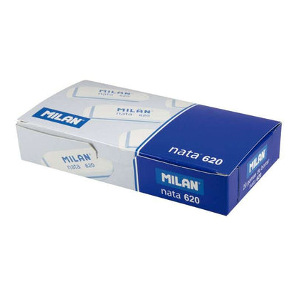 Milan Nata 620 Goma de Borrar Biselada Pequeña - Plastico Suave - No Abrasiva - Color Blanco con Ribete de Colores Surtidos 20 pieza(s)