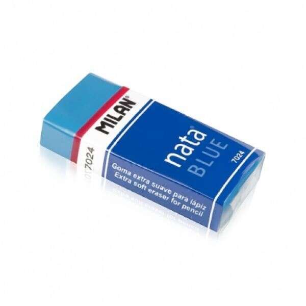 Milan Nata 7024B Goma de Borrar Rectangular - Plastico - Faja de Carton Azul - Envuelta Individualmente - No Daña el Papel - Color Azul 24 pieza(s)