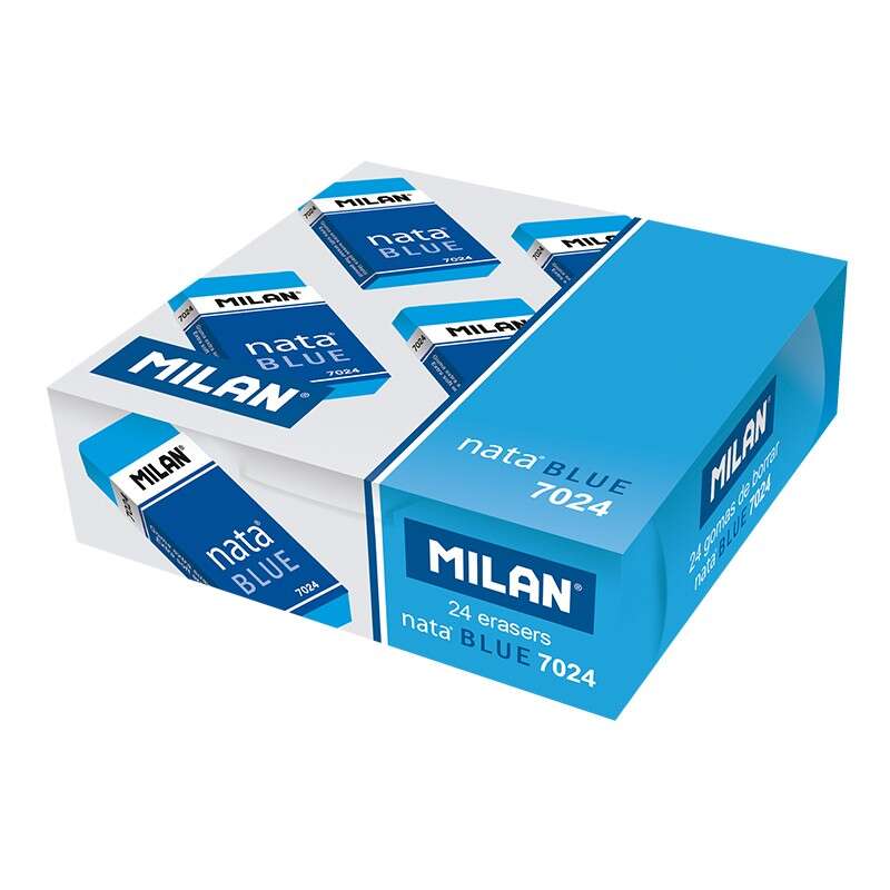 Milan Nata 7024B Goma de Borrar Rectangular - Plastico - Faja de Carton Azul - Envuelta Individualmente - No Daña el Papel - Color Azul 24 pieza(s)