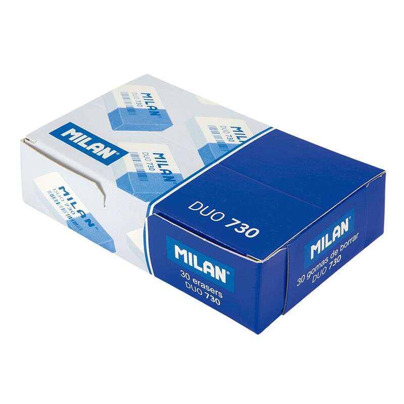 Milan Nata 730 Goma de Borrar Duo Rectangular - Plastico - Envuelta Individualmente - Color Blanco/Azul 30 pieza(s)