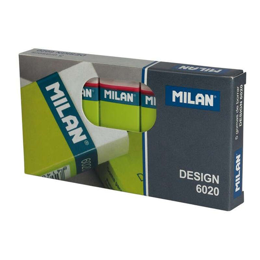 Milan Nata 6020 Goma de Borrar para Dibujo - Rectangular - Plastico - Faja de Carton Verde - Envuelta Individualmente - Color Blanco 5 pieza(s)