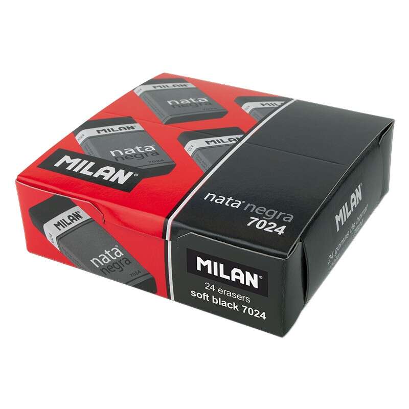 Milan Nata 7024 Goma de Borrar Rectangular - Plastico - Faja de Carton Roja - Envuelta Individualmente - Extra Suave - Color Negro 24 pieza(s)