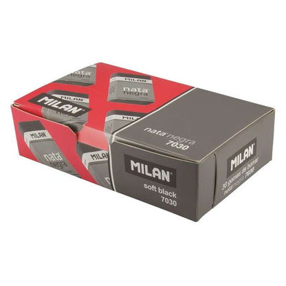 Milan Nata 7030 Goma de Borrar Rectangular - Plastico - Faja de Carton Roja - Envuelta Individualmente - Extra Suave - Color Negro 30 pieza(s)