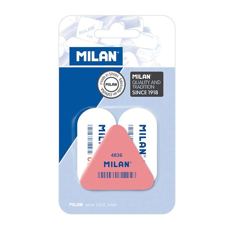 Milan Pack de 2 Gomas de Borrar 1018 Ovaladas Blancas + 1 Goma de Borrar 4836 Triangular Rosa - Miga de Pan - Caucho Suave Sintetico 1 pieza(s)