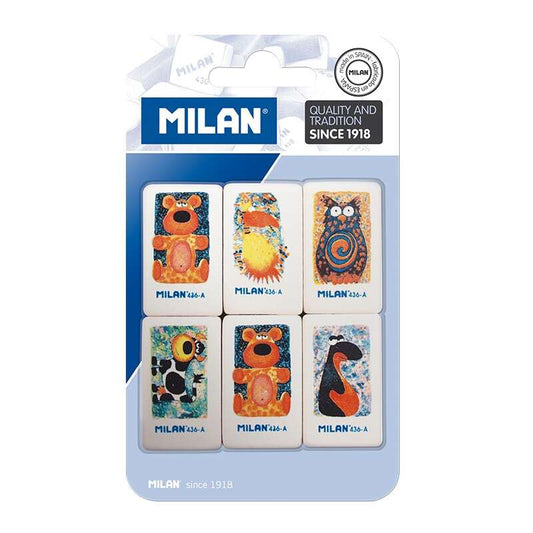 Milan 436A Pack de 6 Gomas de Borrar Rectangulares - Miga de Pan - Caucho Suave Sintetico - Dibujos Infantiles Surtidos - Color Blanco 1 pieza(s)