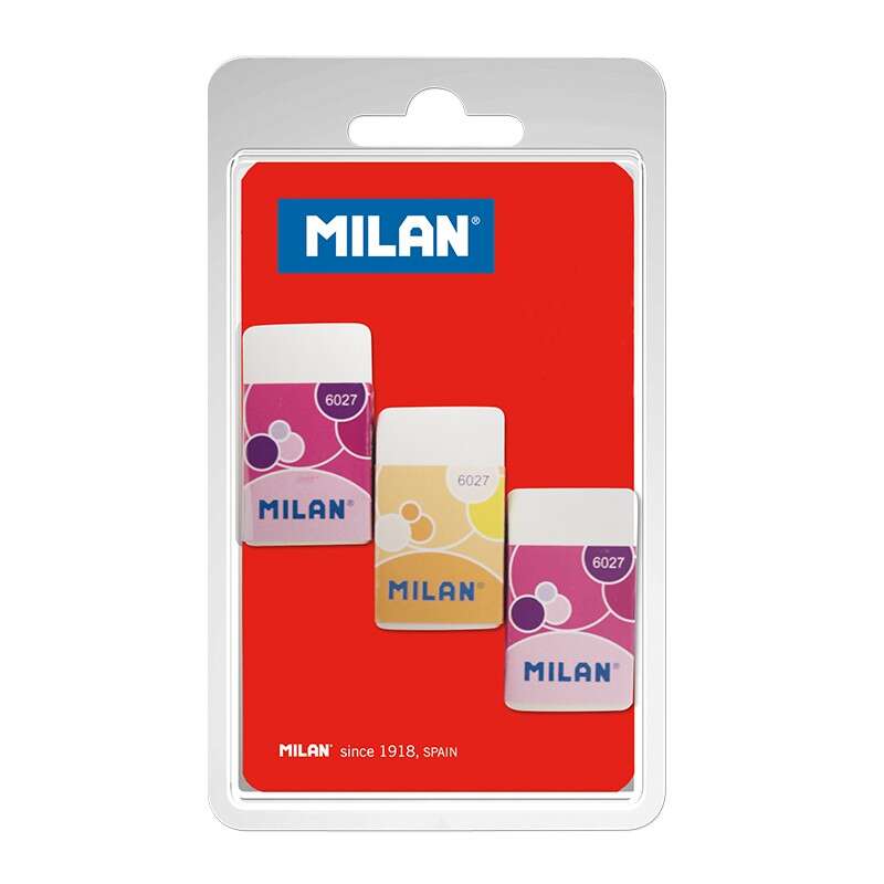 Milan Nata 6027 Pack de 3 Gomas de Borrar Rectangulares - Miga de Pan - Plastico - Faja de Carton en Colores Surtidos - Color Blanco 1 pieza(s)