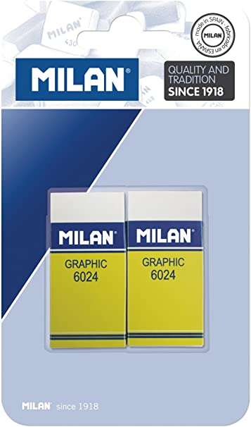 Milan Nata 6024 Graphic Pack de 2 Gomas de Borrar Rectangulares - Plastico - Faja de Carton Amarilla - No daña el Papel - Color Blanco 1 pieza(s)