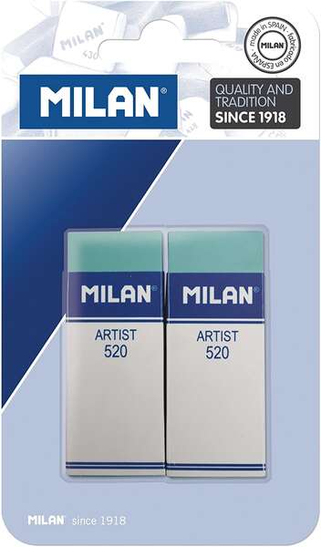 Milan Nata 520 Artist Pack de 2 Gomas de Borrar Rectangulares - Plastico - Faja de Carton Blanca - No Daña el Papel - Color Verde 1 pieza(s)