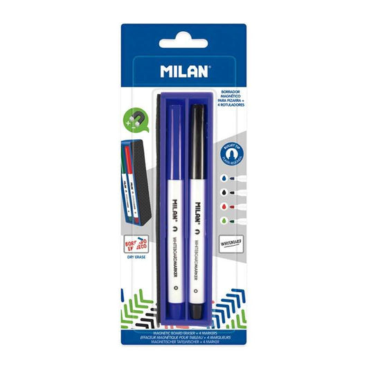 Milan Pack de Borrador Magnetico + 4 Rotuladores para Pizarra Blanca - Punta Redonda 3.7 mm - Borrables en Seco - Tinta a Base de Alcohol 1 pieza(s)