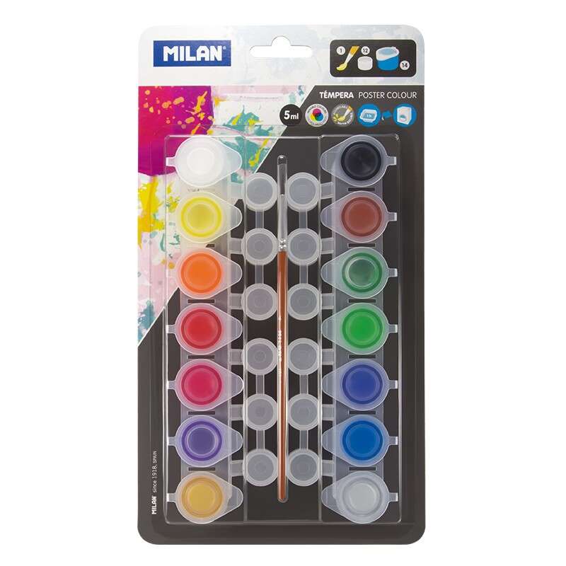 Milan Pack de 14 Tarros de Tempera 5 ml + 12 Botes para Mezclas + 1 Pincel Serie 101 - Secado Rapido - Mezclable - Colores Surtidos 1 pieza(s)