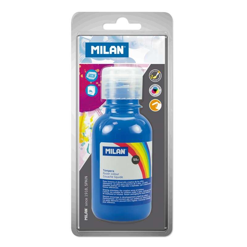 Milan Botella de Tempera 125 ml - Tapon Dosificador - Secado Rapido - Mezclable - Color Cyan 3 pieza(s)