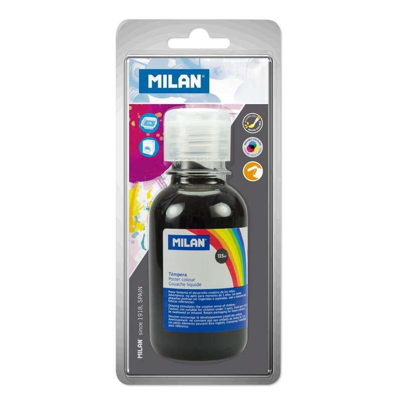 Milan Botella de Tempera 125 ml - Tapon Dosificador - Secado Rapido - Mezclable - Color Negro 3 pieza(s)