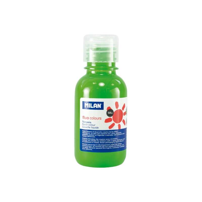 Milan Botella de Tempera - 125ml - Tapon Dosificador - Secado Rapido - Mezclable - Color Verde Fluorescente 3 pieza(s)